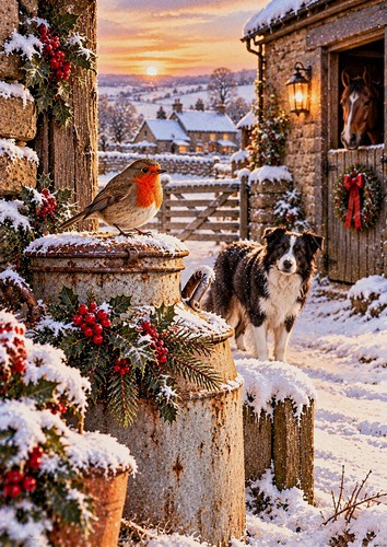 Christmas farm art print - christmas, a4